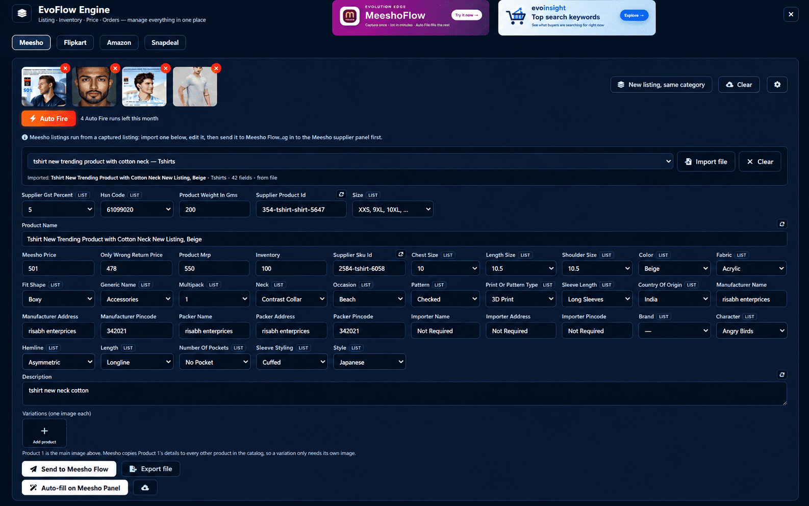 The EvoFlow Engine panel open over the Meesho seller tab with listing fields filled in
